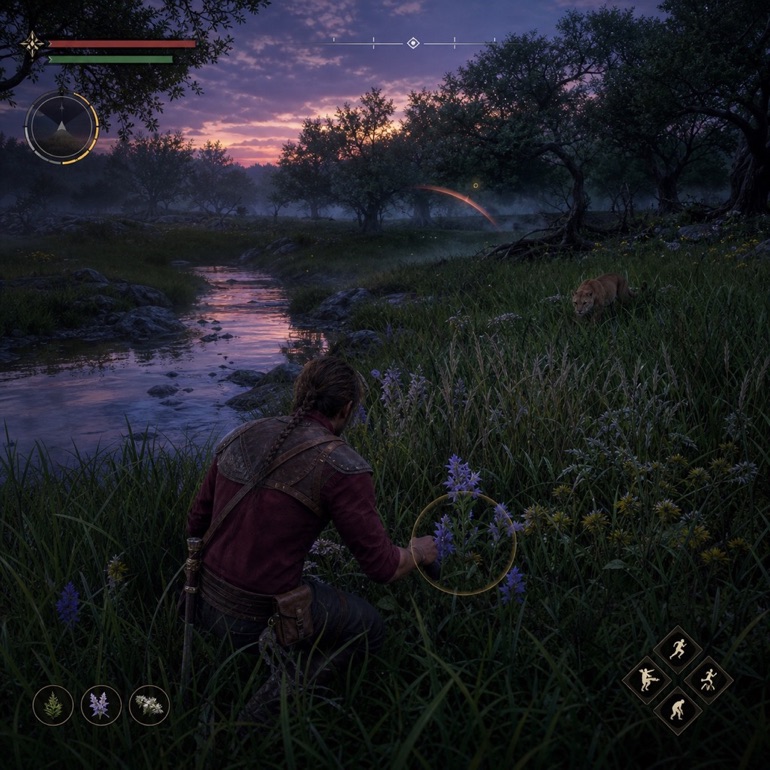 Capture de jeu de rôle : récolte de plantes au crépuscule